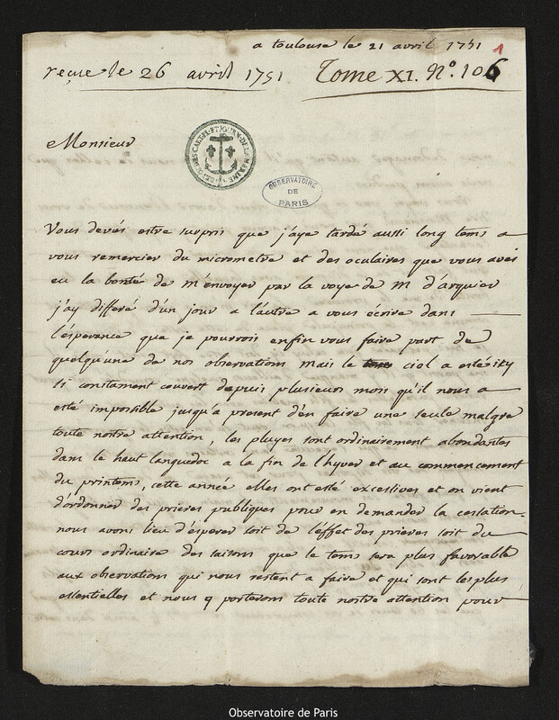 Lettre de François-Philippe-Antoine Garipuy à Joseph-Nicolas Delisle, Toulouse, 21 avril 1751