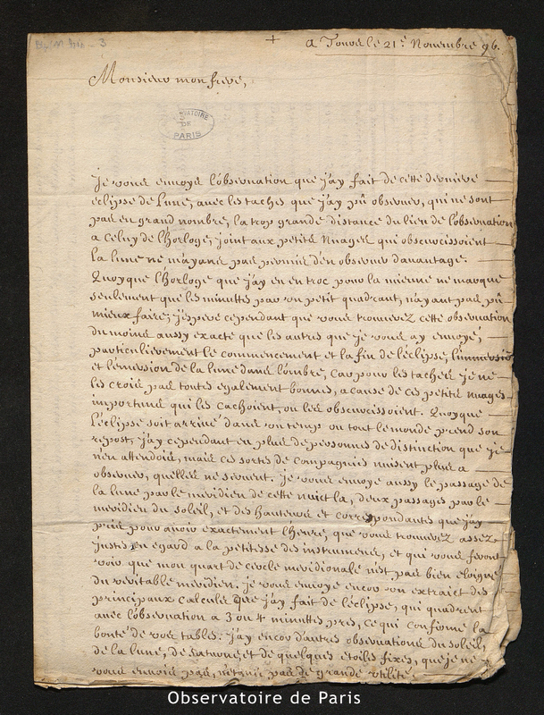 Lettre de Nonnet à La Hire, Tours le 21 novembre 1696