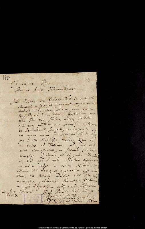 Lettre d'Aleksander Gomolinski à Jan Heweliusz, Piotrków Trybunalski, 27 août 1678