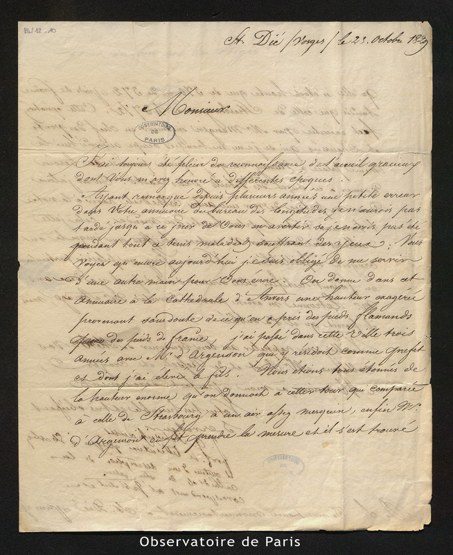 Lettre de J. G. Schweihauser à Bouvard, Dié le 23 octobre 1829