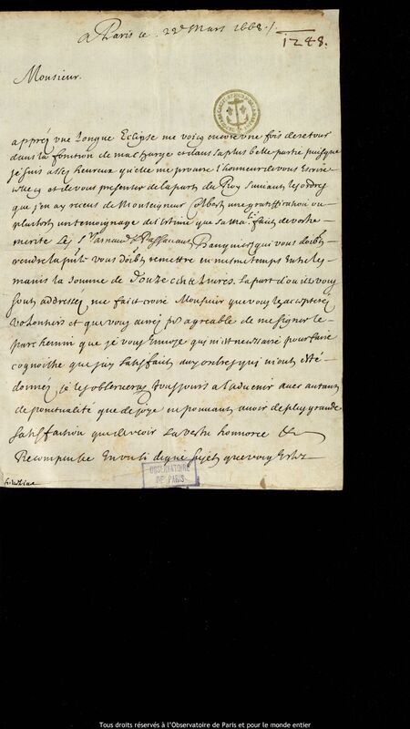 Lettre d'Antoine-Gédéon Le Ménestrel de Hauguel à Jan Heweliusz, Paris, 22 mars 1668