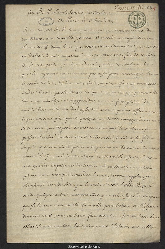 Lettre de Joseph-Nicolas Delisle à Antoine-François Laval, Paris, 5 juin 1724