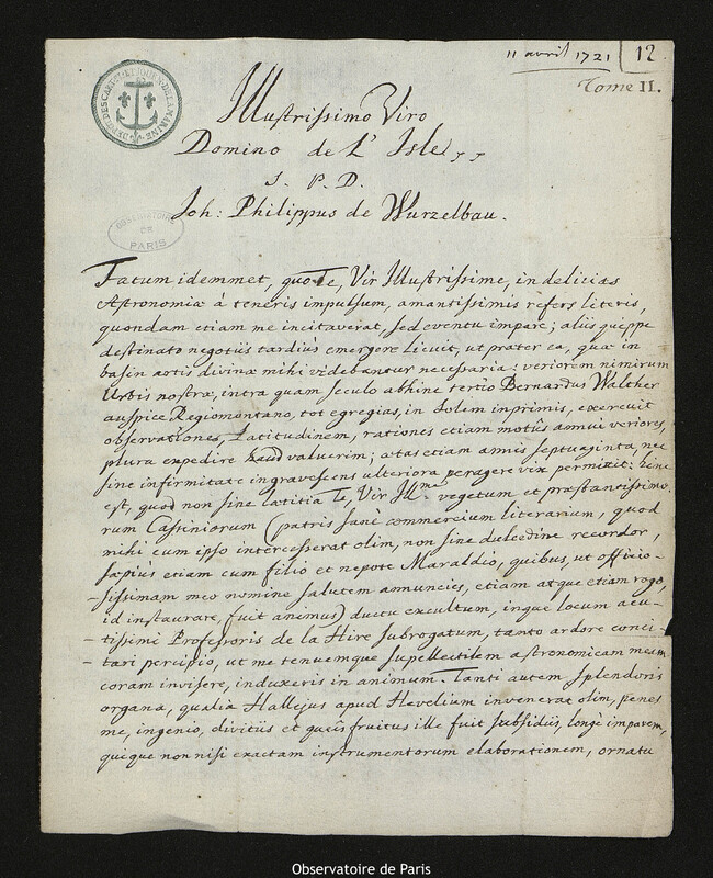 Lettre de Johann Philipp von Wurzelbau à Joseph-Nicolas Delisle, Nuremberg, 11 avril 1721