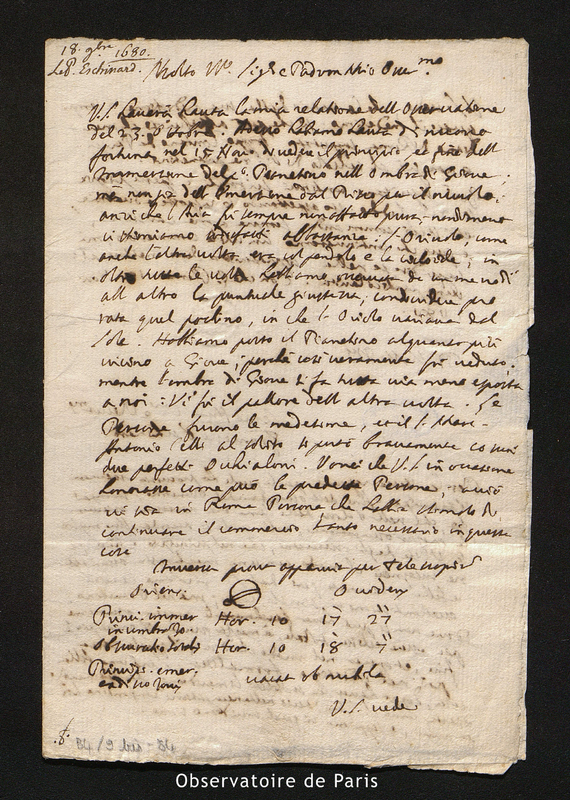 Lettre de Francisco Eschinardi à Cassini I, Rome le 18 novembre 1680