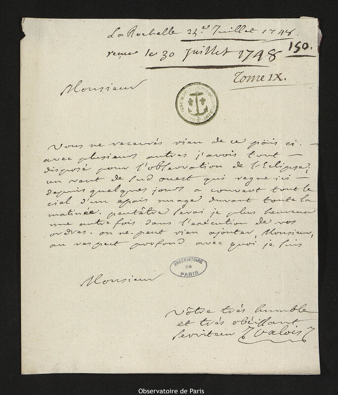 Lettre de Yves Valois à Joseph-Nicolas Delisle, La Rochelle, 24 juillet 1748