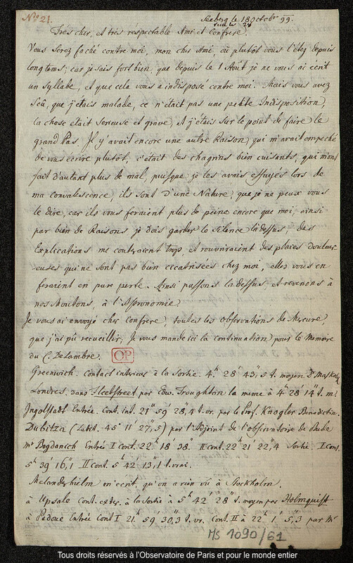 Lettre du baron Franz Xaver von Zach à Joseph Jérôme Le françois de Lalande Seeberg, 18 octobre 1799