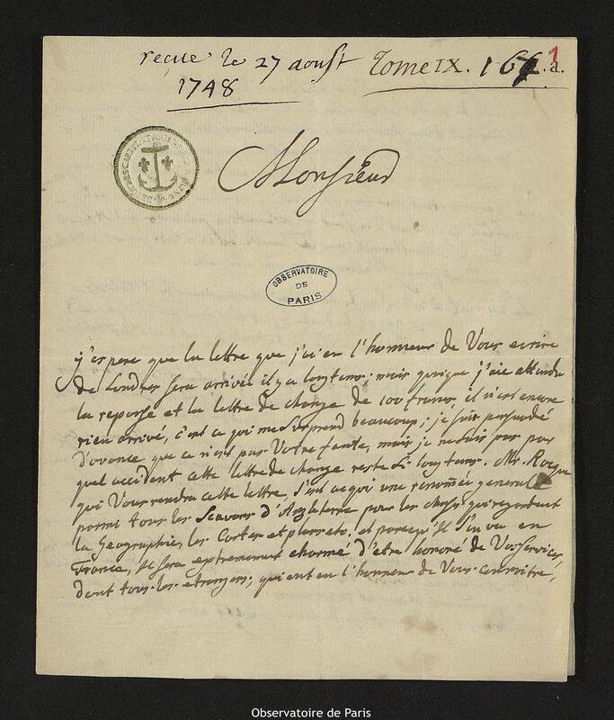 Lettre de Augustin Nathanael Grischow à Joseph-Nicolas Delisle, Londres, 17 août 1748