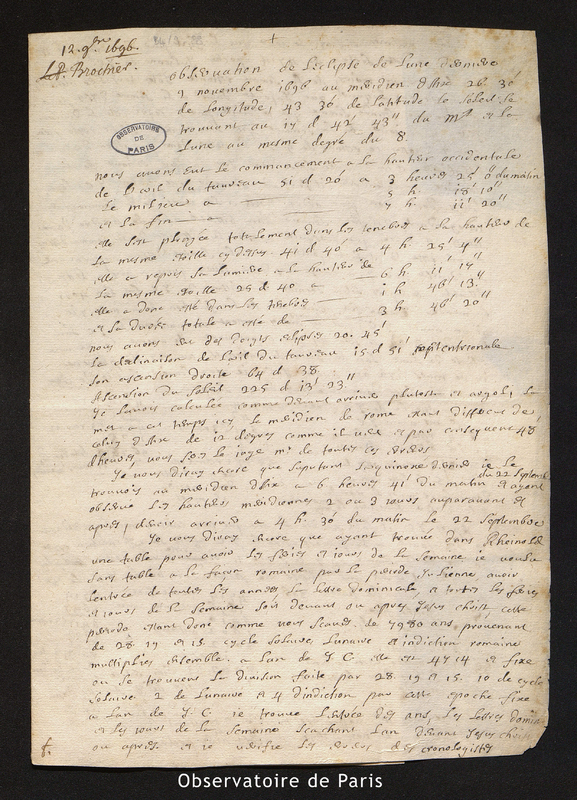 Lettre de Père G. Brochier à Cassini I, Aix le 12 nov. 1696