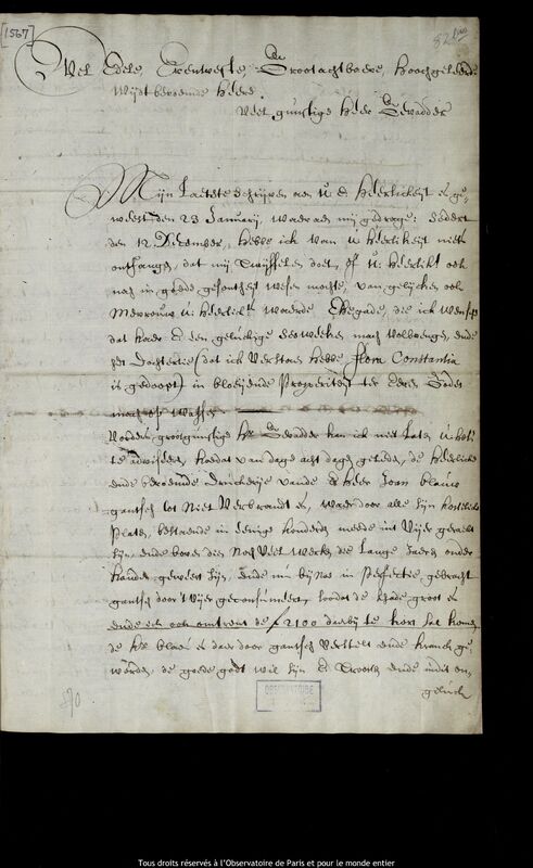 Lettre de Jan Hendricksz Tim à Jan Heweliusz, Amsterdam, 1er mars 1672