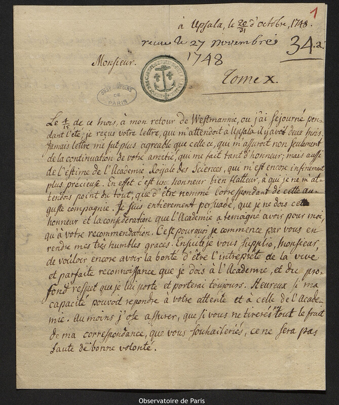 Lettre de Pehr Wilhelm Wargentin à Joseph-Nicolas Delisle, Uppsala, 31 octobre 1748