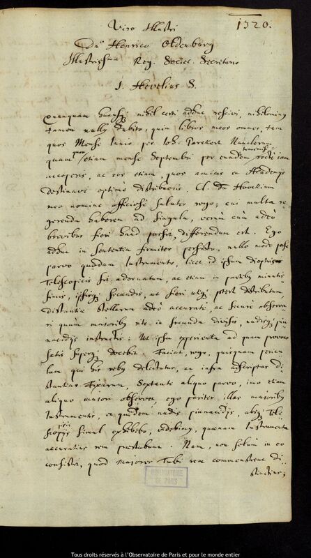 Lettre de Jan Heweliusz à Henry Oldenburg, Gdansk, 29 octobre 1668