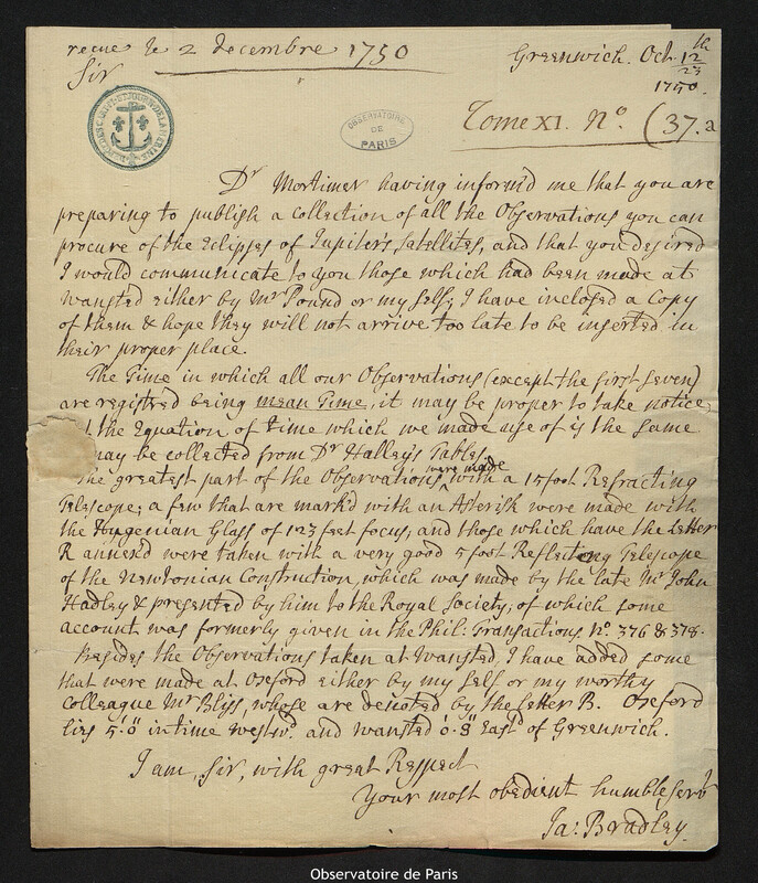 Lettre de James Bradley à Joseph-Nicolas Delisle, Greenwich, 23 octobre 1750