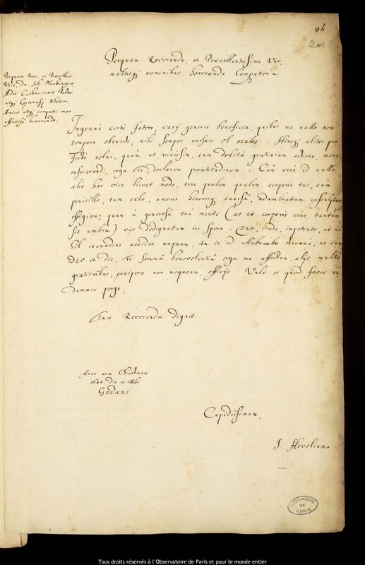 Lettre de Jan Heweliusz à Johannes Mochinger, Gdansk, 15 février 1648