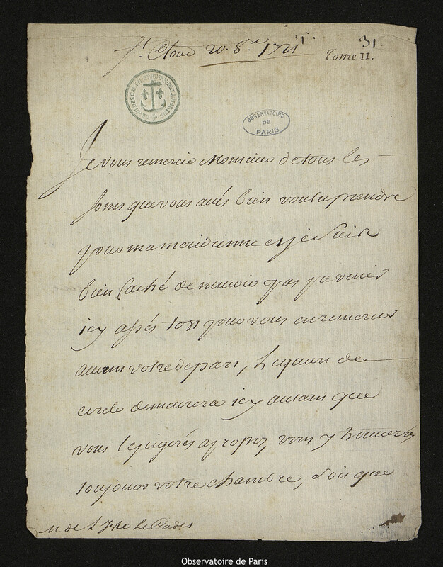 Lettre de Jean-Baptiste-Henri du Trousset de Valincour à Joseph-Nicolas Delisle, Saint-Cloud, 20 octobre 1721