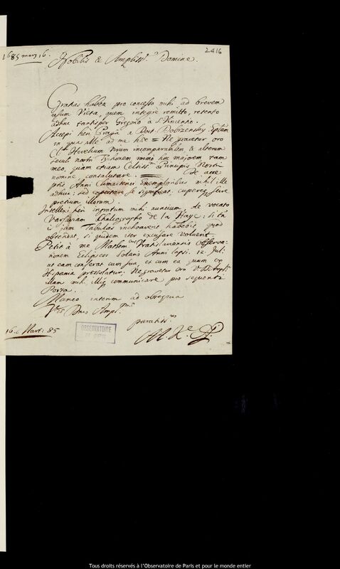 Lettre d'Adam Adamandus Kochanski à Jan Heweliusz, 16 mars 1685