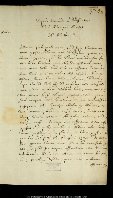 Lettre de Jan Heweliusz à Hieronim Mroczek, Gdansk, 6 février 1665