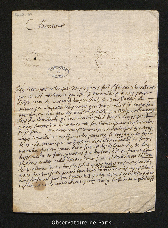 Lettre de Gallet à [Cassini I], Avignon le 20 novembre 1677