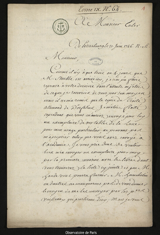 Lettre de Joseph-Nicolas Delisle à Leonhard Euler, Saint-Pétersbourg,21 juin 1746