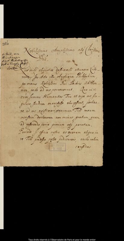 Lettre de Jan Heweliusz à Benjamin von Munchausen, Gdansk, 9 novembre 1683