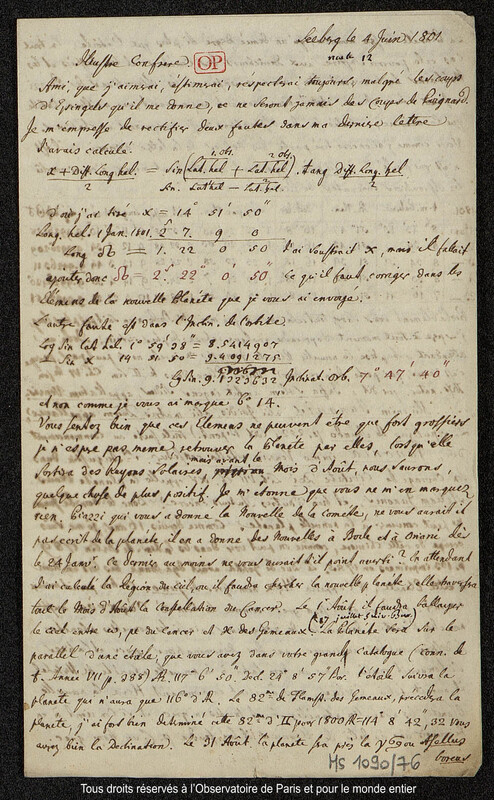 Lettre du baron Franz Xaver von Zach à Joseph Jérôme Le françois de Lalande Seeberg, 4 juin 1801