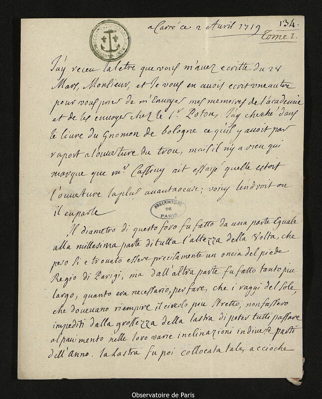 Lettre de Jacques d'Allonville de Louville à Joseph-Nicolas Delisle, Lieu-dit Le Clos du Petit Carré, 2 avril 1719