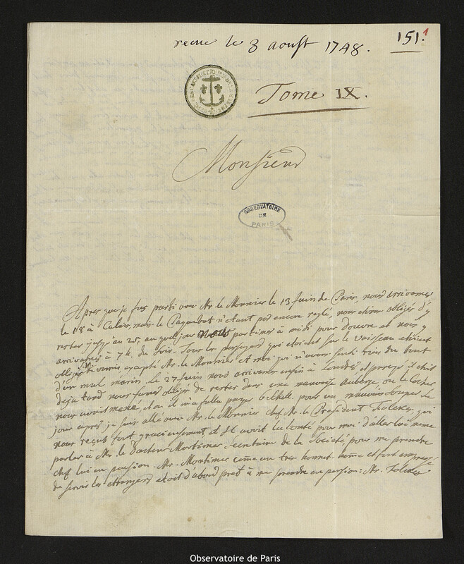 Lettre de Augustin Nathanael Grischow à Joseph-Nicolas Delisle, Londres, 22 juillet 1748