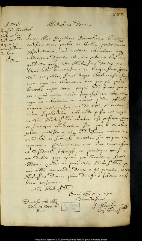 Lettre de Jan Heweliusz à Antoine-Gédéon Le Ménestrel de Hauguel, Gdansk, 13 novembre 1664