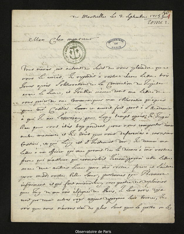 Lettre de Louis Feuillée à Joseph-Nicolas Delisle, Marseille, 3 septembre 1715