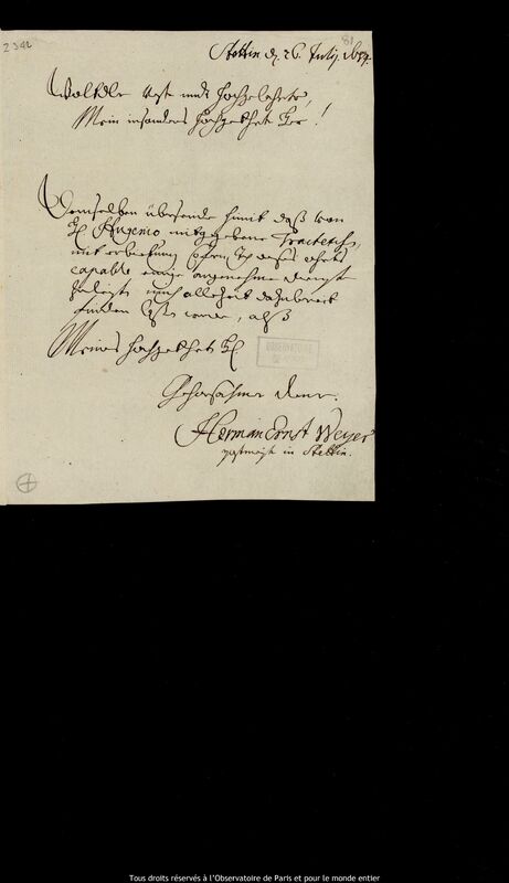 Lettre de Hermann Ernst Meyer à Jan Heweliusz, Szczecin, 26 juillet 1684