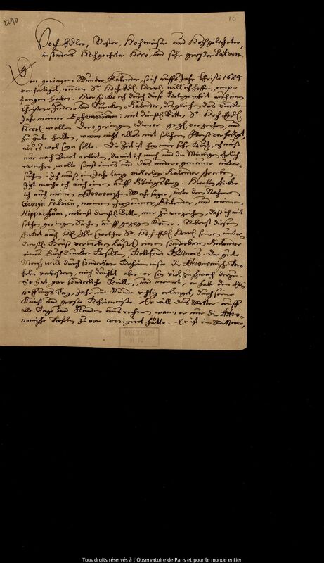 Lettre de Gottfried Kirch à Jan Heweliusz, Leipzig, 6 octobre 1683