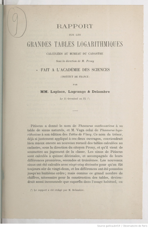 Rapport sur les grandes tables logarithmiques calculées au Bureau du cadastre