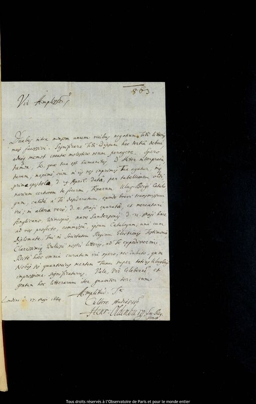 Lettre de Henry Oldenburg à Jan Heweliusz, Londres, 27 mai 1664