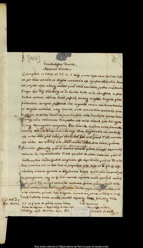 Lettre de Samuel Schult à Jan Heweliusz, Leyde, 3 février 1671