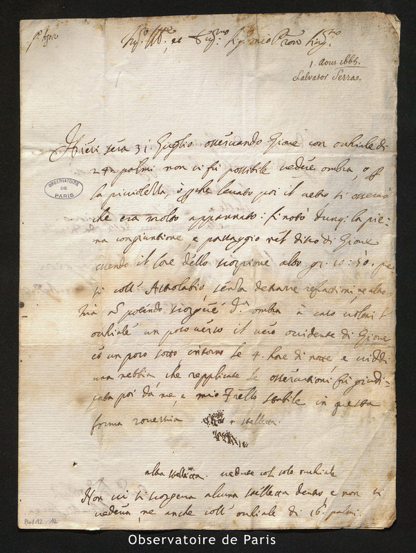 Lettre de Salvator Serra à Cassini I, Rome le 1er août 1665