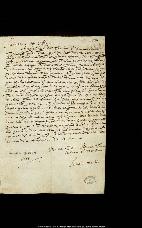 Lettre de Samuel Hartlib à Jan Heweliusz, Londres, 7 mars 1648