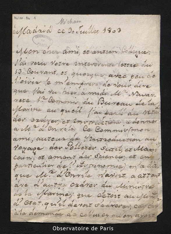 Lettre de Gonzalez Ortiz à Méchain, Madrid le 30 juillet 1803