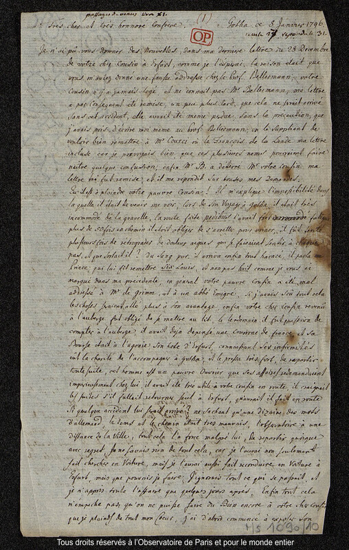 Lettre du baron Franz Xaver von Zach à Joseph Jérôme Le françois de Lalande Gotha, 8 janvier 1796