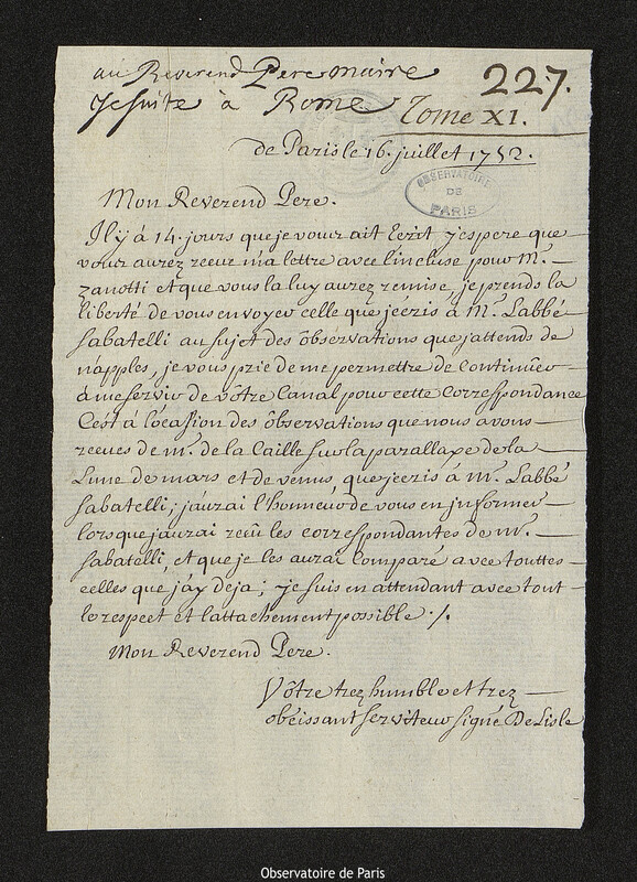 Lettre de Joseph-Nicolas Delisle à Christopher Maire, Paris, 16 juillet 1752