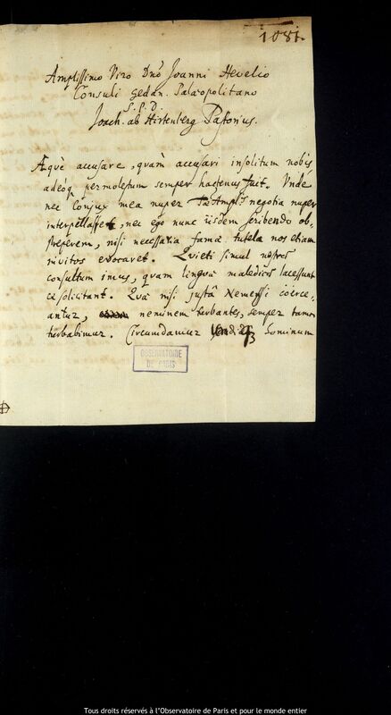 Lettre de Joachim Pastorius à Jan Heweliusz, Gdansk, 7 septembre 1665