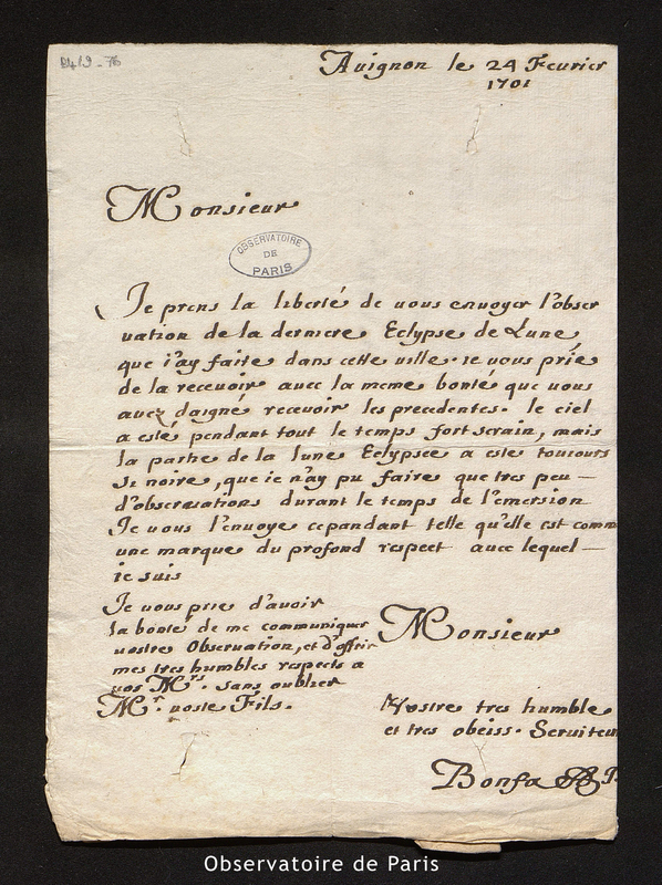 Lettre de Bonfa à Cassini [I], Avignon le 24 février 1701