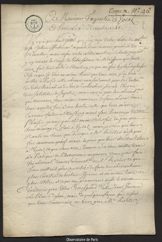 Lettre de Joseph-Nicolas Delisle à Pehr Wilhelm Wargentin, Paris, 6 décembre 1748