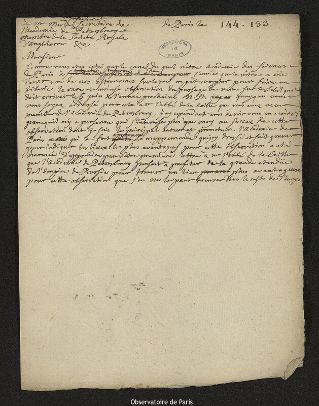 Lettre de Joseph-Nicolas Delisle à Gerhard Friedrich Müller