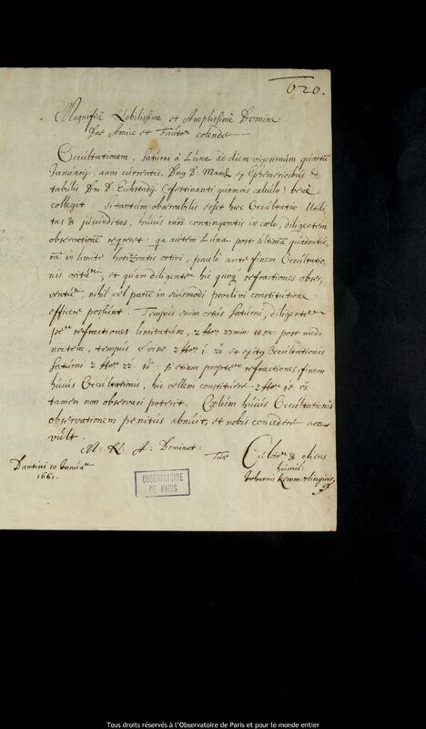 Lettre de Johann Kemmerling à Jan Heweliusz, Gdansk, 10 janvier 1661