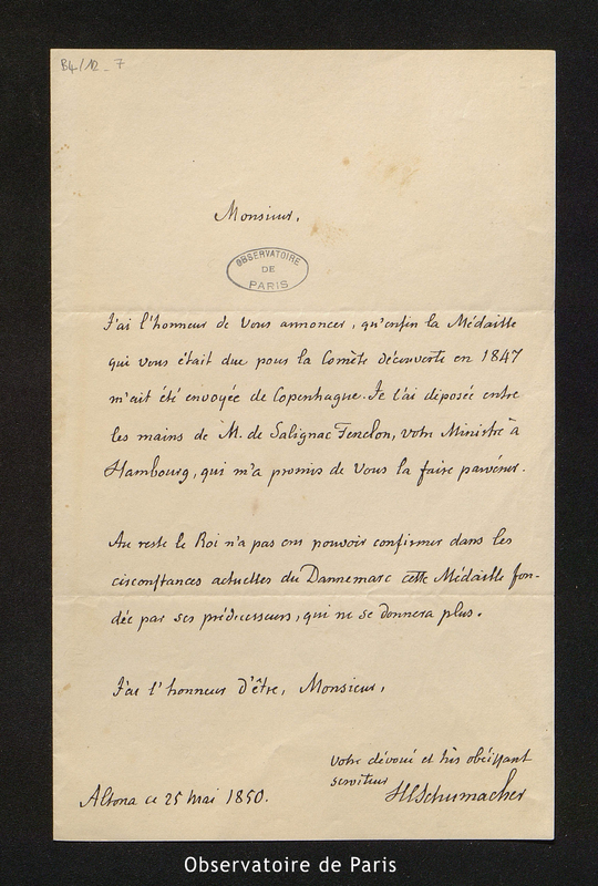 Lettre de Schumacher à Mauvais, Altona le 25 mai 1850