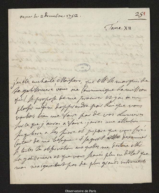 Lettre de Jacques de Boutier de La Cardonnie à Joseph-Nicolas Delisle, Rochefort, 25 novembre 1752