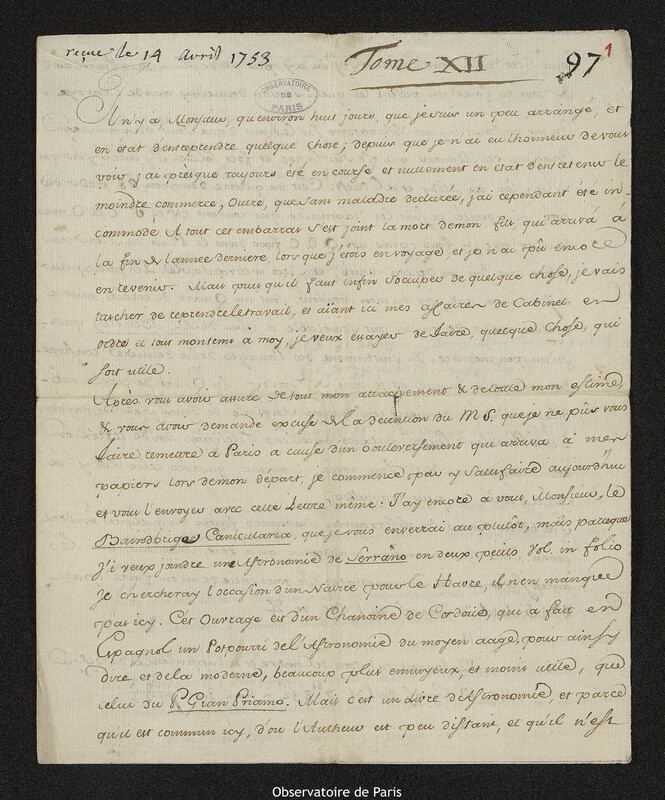 Lettre de Louis Godin à Joseph-Nicolas Delisle, Cadix, 27 mars 1753