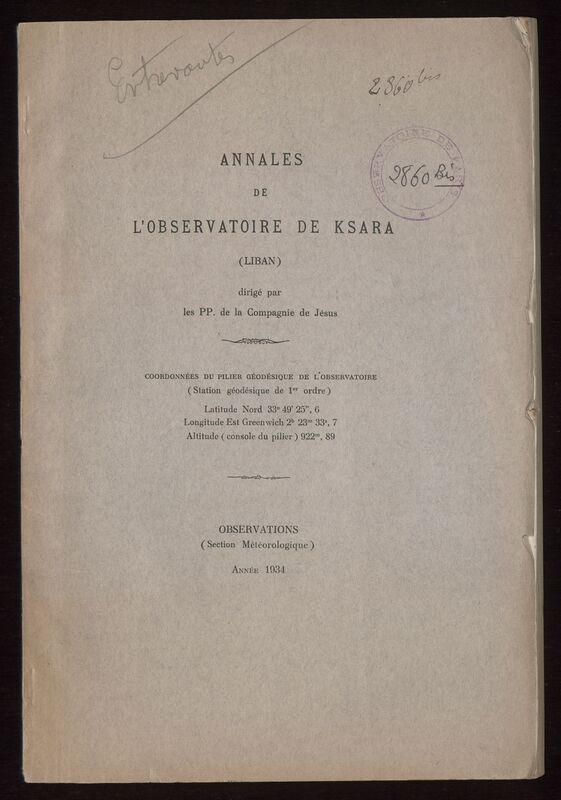 (1934) Annales de l'Observatoire de Ksara (Liban). Observations (Section Météorologique)