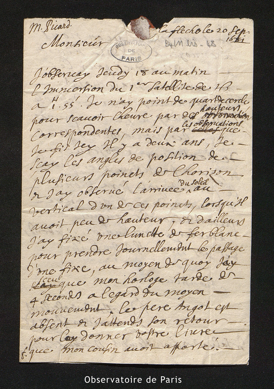 Lettre de Picard à Cassini I, La Flèche le 20 septembre 1681