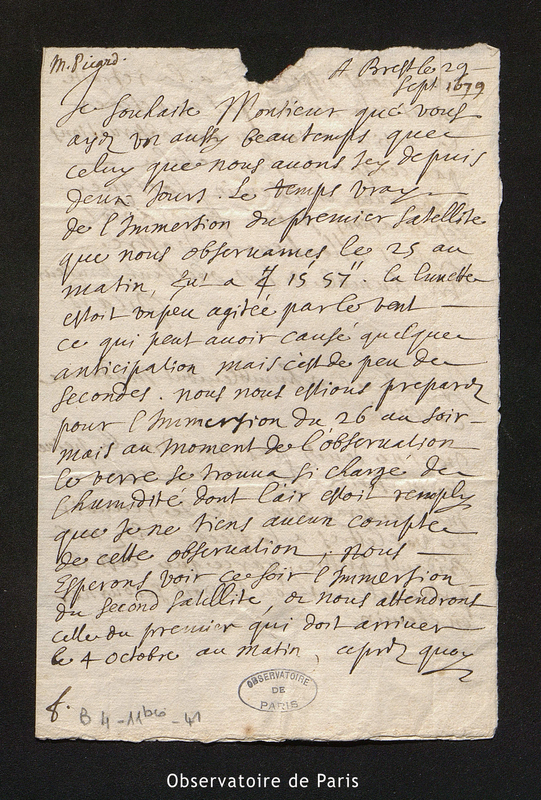 Lettre de Picard à Cassini I, Brest le 29 septembre 1679