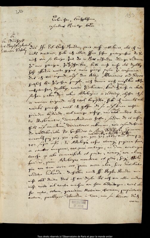 Lettre de Jan Heweliusz à Gerhard von Dönhoff, Gdansk, 28 février 1681